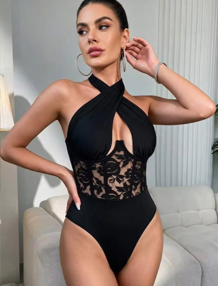 Women’s Black Lace Halter Neck Bodysuit – Stylish High-Cut Fashion Bodysuit